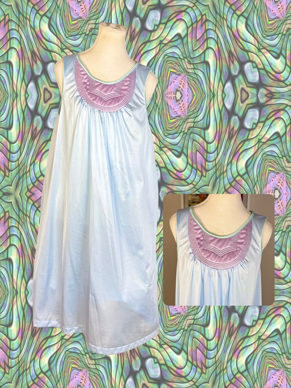 Vintage 70s Vanity Fair Pale Blue Lavender A-Line Quilted Yoke Nightgown S